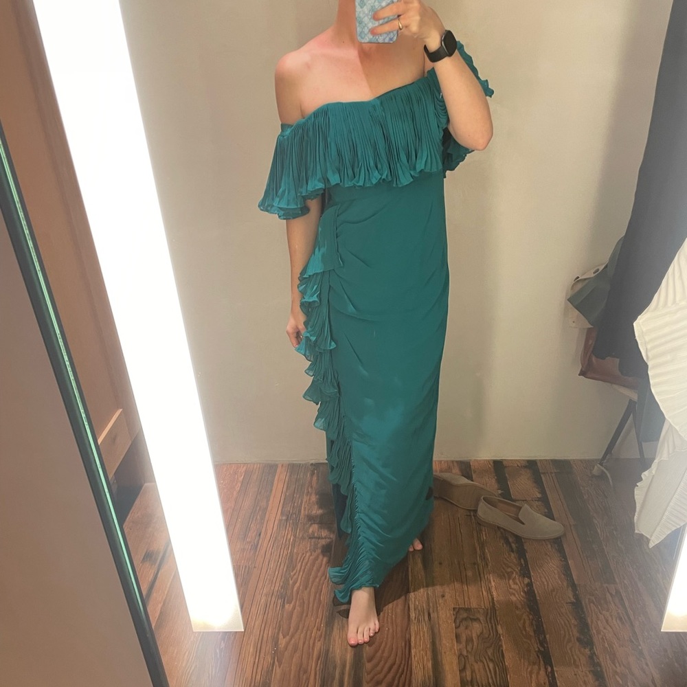 ANTHROPOLOGIE - HUTCH - Off the Shoulder Ruffled Column dress in Teal